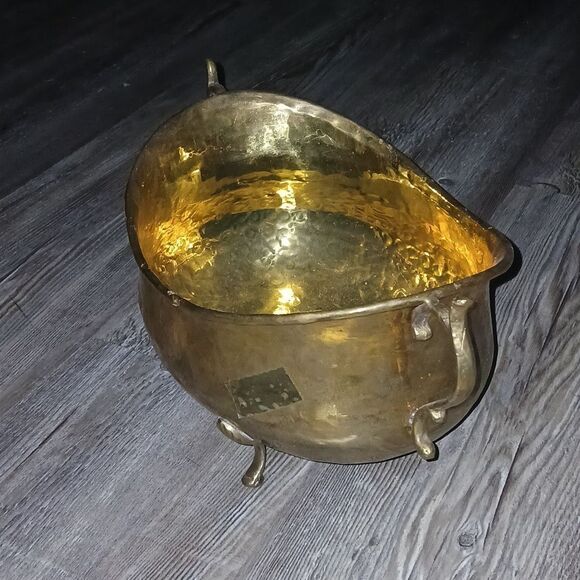 Antique  Hammered Style Brass Footed Tub Decor, Brass Pansy Plant Pot - Picture 2 of 8